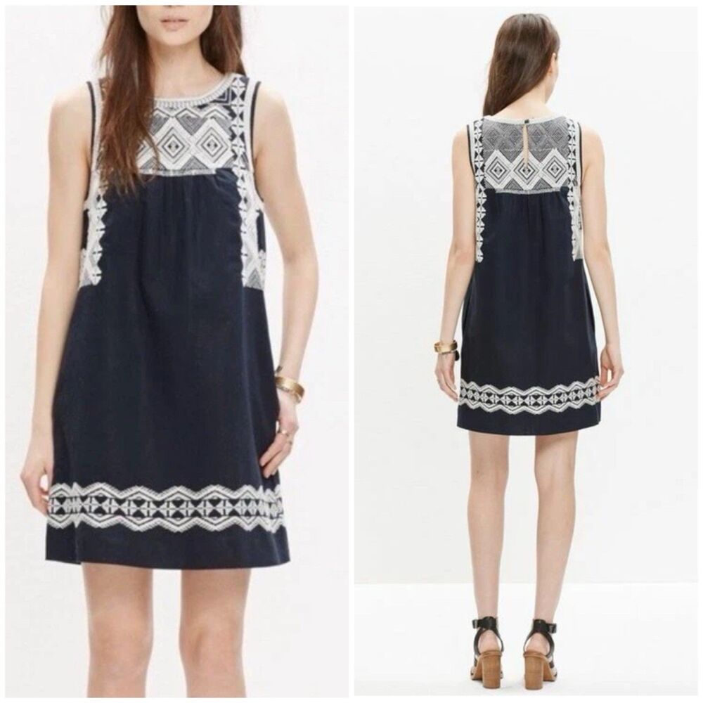 Madewell Blue Embroidered Mini Shift Tunic Dress Linen Size Xs Sleeveless